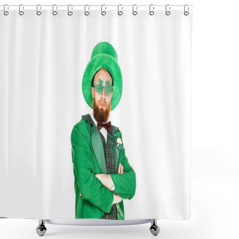 Personality  Bearded Man In Green Costume And Clover Shaped Eyeglasses Standing With Crossed Arms Isolated On White, St Patricks Day Concept Shower Curtains