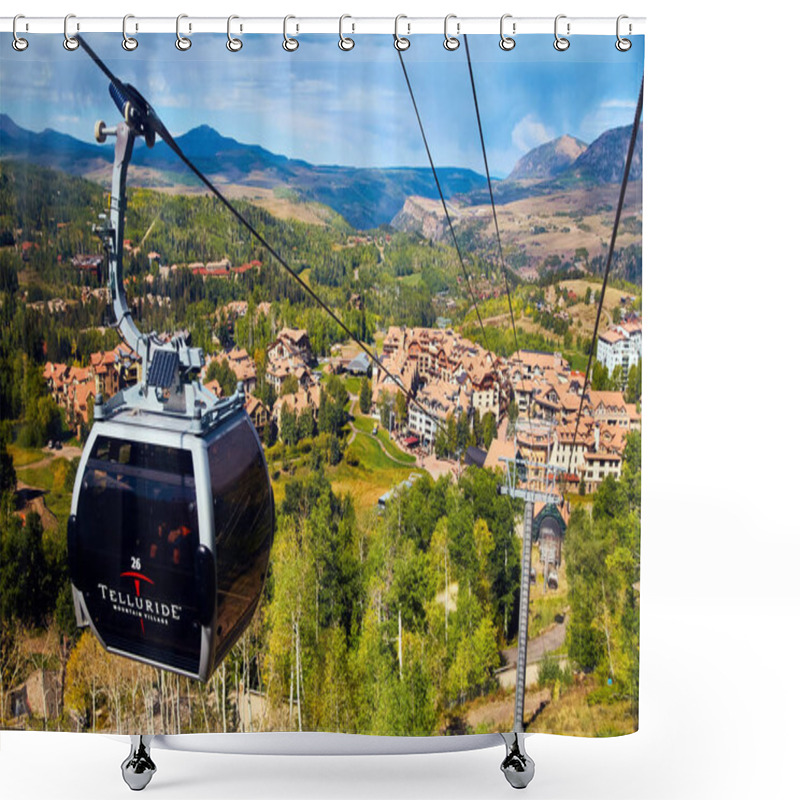 Personality  Gondola Ski Lift Going Up Mountain With Village In Background Shower Curtains