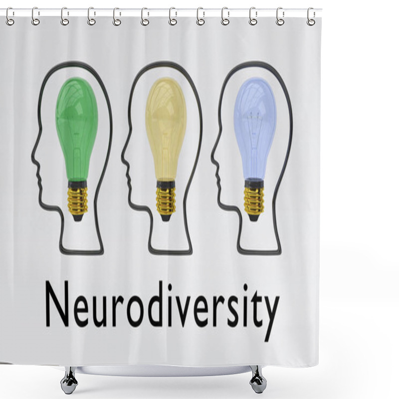 Personality  3D Illustration Of Three Light Bulbs In Three Head Silhouettes, Allong With The Script Neurodiversity Shower Curtains