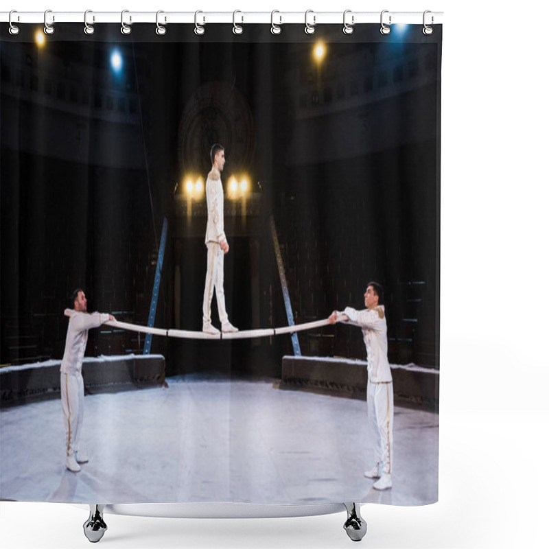 Personality  Side View Of Gymnast Exercising On Pole Near Acrobats In Circus Shower Curtains