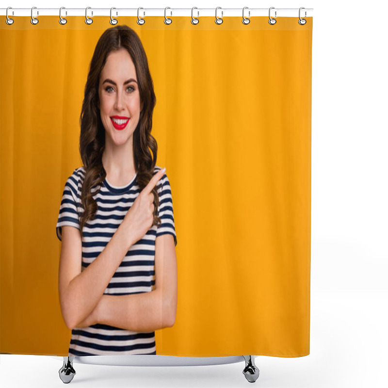 Personality  Portrait Of Her She Nice Attractive Lovely Pretty Cute Charming Cheerful Cheery Wavy-haired Girl Showing Copy Space Solution Isolated On Bright Vivid Shine Vibrant Yellow Color Background Shower Curtains