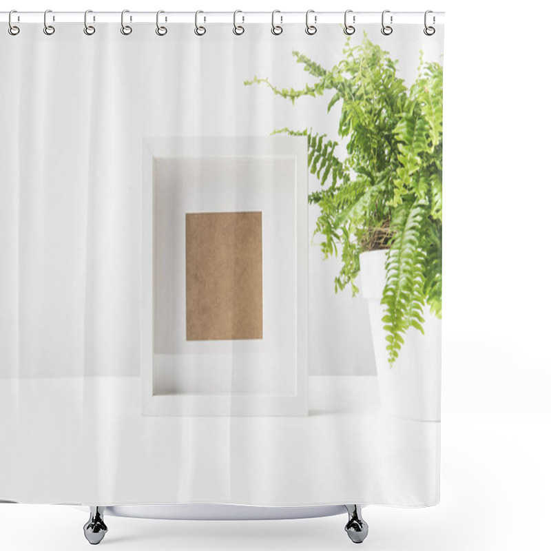 Personality  Close-up View Of Empty Photo Frame And Beautiful Potted Fern On White Shower Curtains