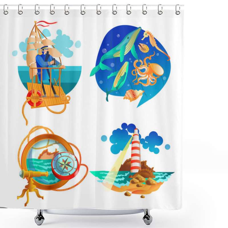 Personality  Sea Ocean Nautical Symbols Set Shower Curtains