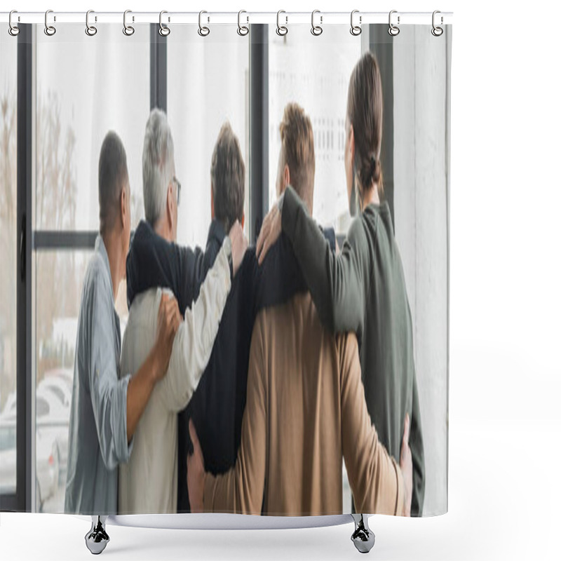 Personality  Back View Of Interracial People Hugging During Alcoholics Meeting In Rehab Center, Banner  Shower Curtains