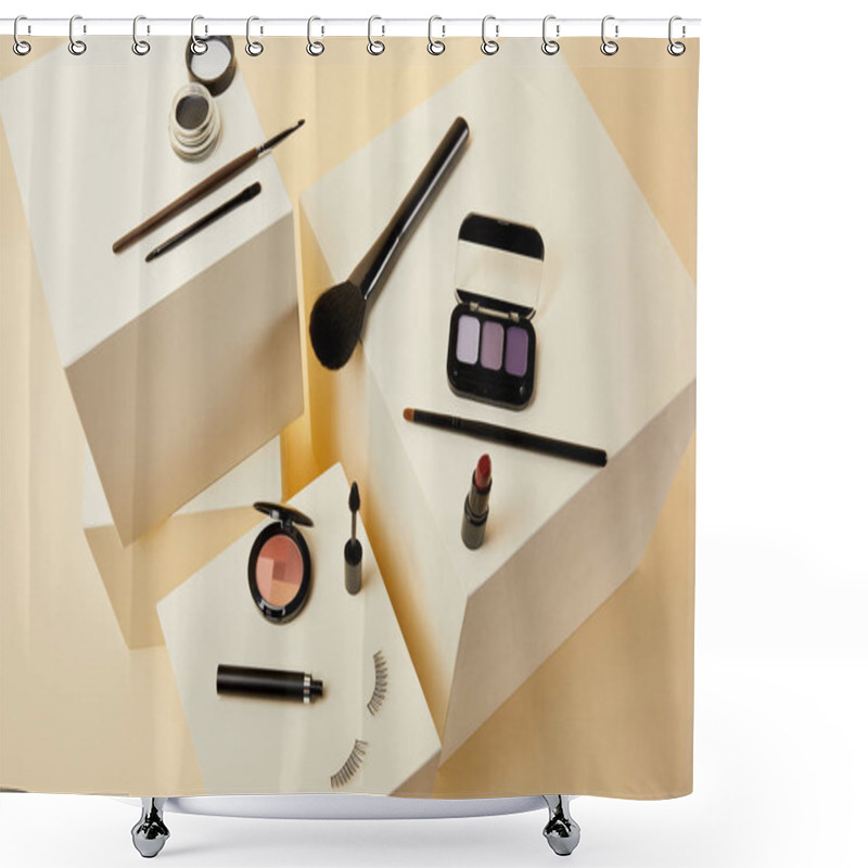 Personality  High Angle View Of Various Makeup Accessories On Beige Cubes Shower Curtains