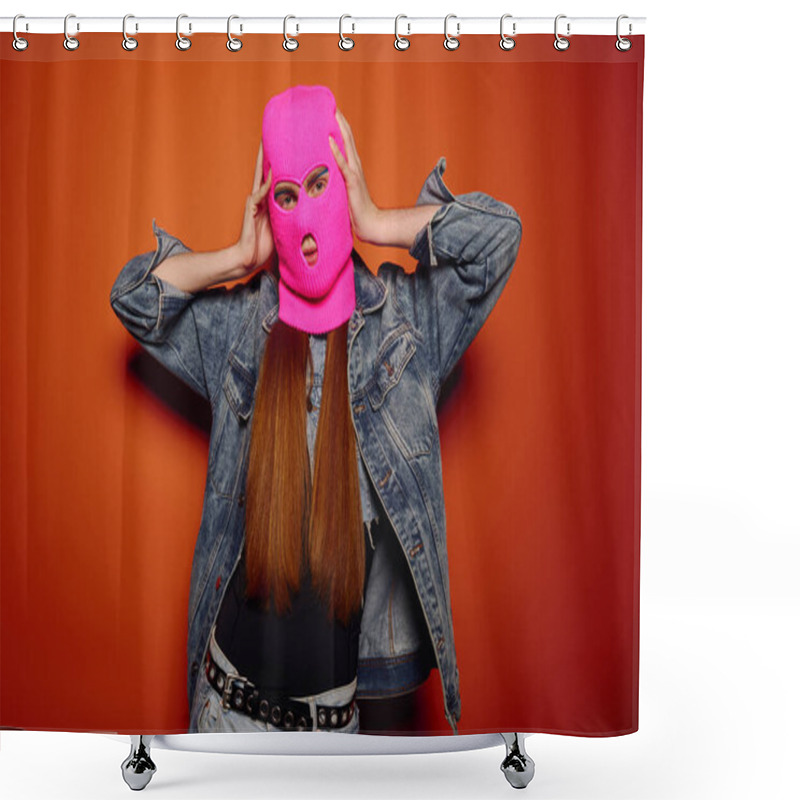 Personality  Young Man Showcases Strong Emotions While Wearing A Bright Ski Mask Against An Orange Backdrop. Shower Curtains