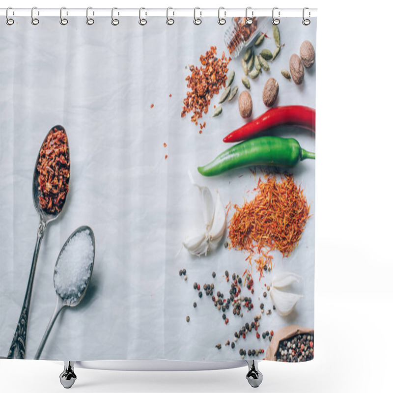 Personality  Top View Of Spices And Vegetables On White Table Shower Curtains