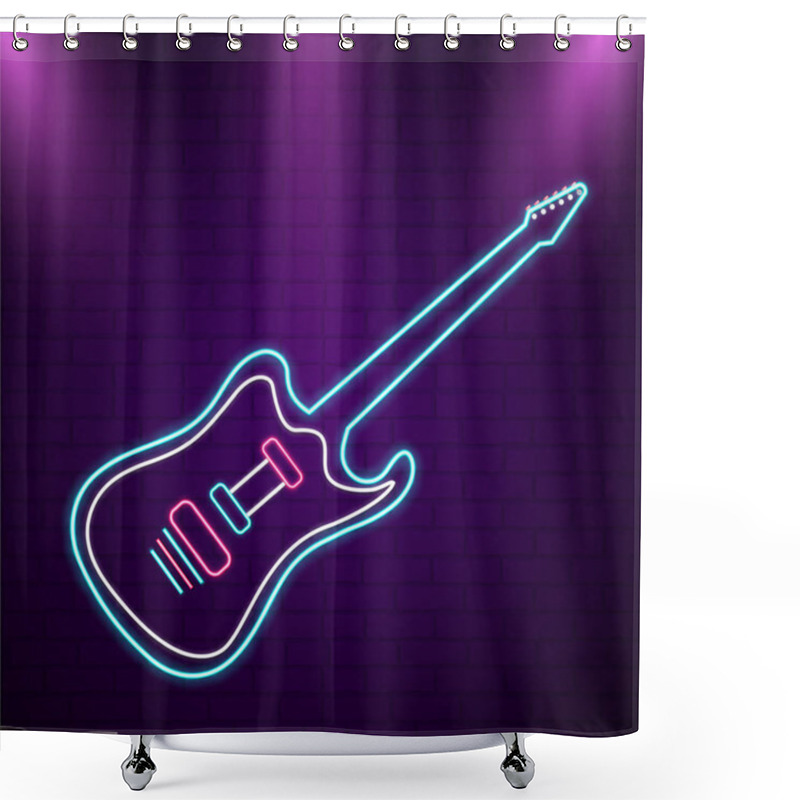 Personality  Isolated Blue Neon Light Guitar On Purple Brick Wall. Shower Curtains