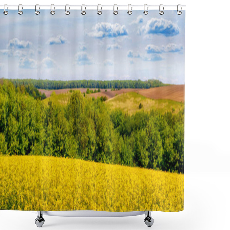 Personality  Spring Landscape With Yellow Rapeseed Flowers In A Field, Green Trees And A Cloudy Sky In Sunny Weather Shower Curtains