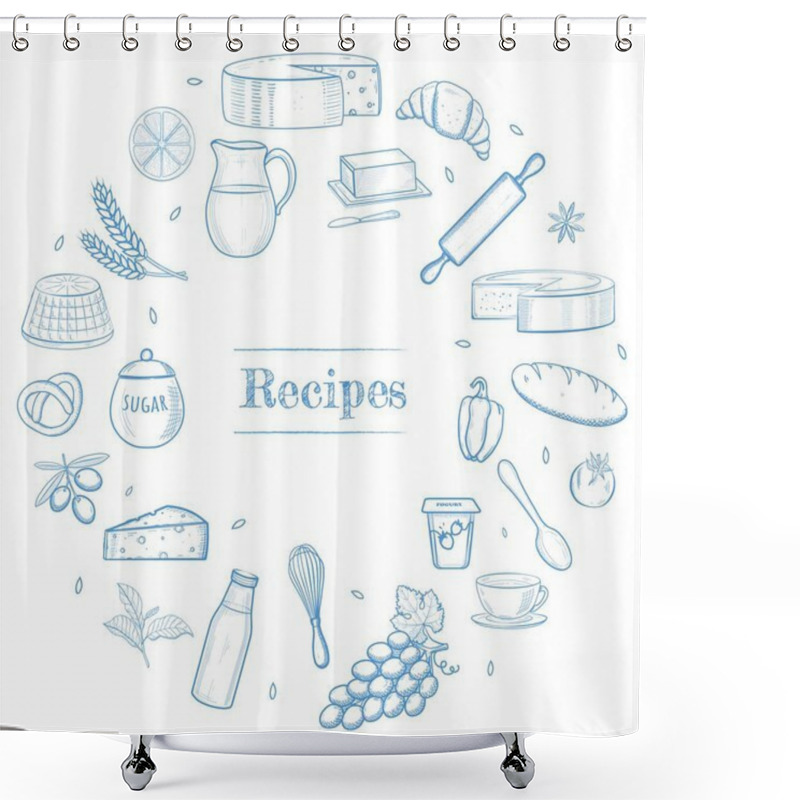 Personality  Hand Drawn Kitchen Stuff, Dairy And Bakery Products, Vegetables, Food Ingredients. Recipe Book Template, Restaurant Menu Icons, Shavuot Banner Frame Concept. Shower Curtains