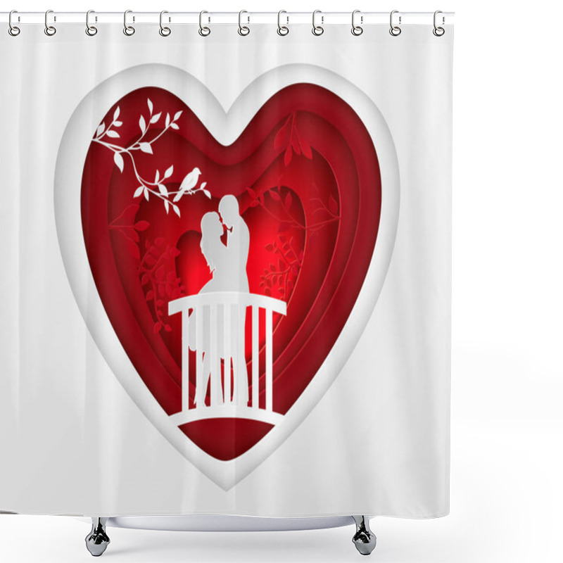 Personality  Paper Art Carve Of White Couple Silhouette Of Lovers Embracing On The Bridge In Forest, Origami Concept And Valentine's Day Idea, Vector Art And Illustration.  Shower Curtains