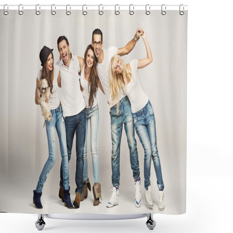 Personality  Smiling Group Of Friends With Dog Shower Curtains