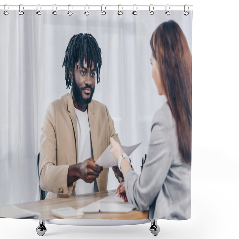 Personality  Selective Focus Of African American Employee Giving Papers To Recruiter At Job Interview In Office Shower Curtains