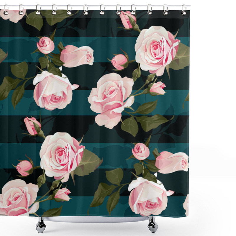 Personality  Pink Roses Vector Seamles Pattern. Realistic Flowers On Stripes Background, Floral Texture Shower Curtains