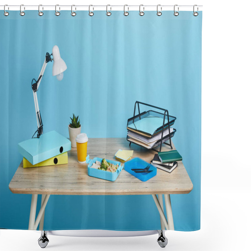 Personality  Studio Shot Of Workspace With Table And Lunch Box On Blue Background Shower Curtains