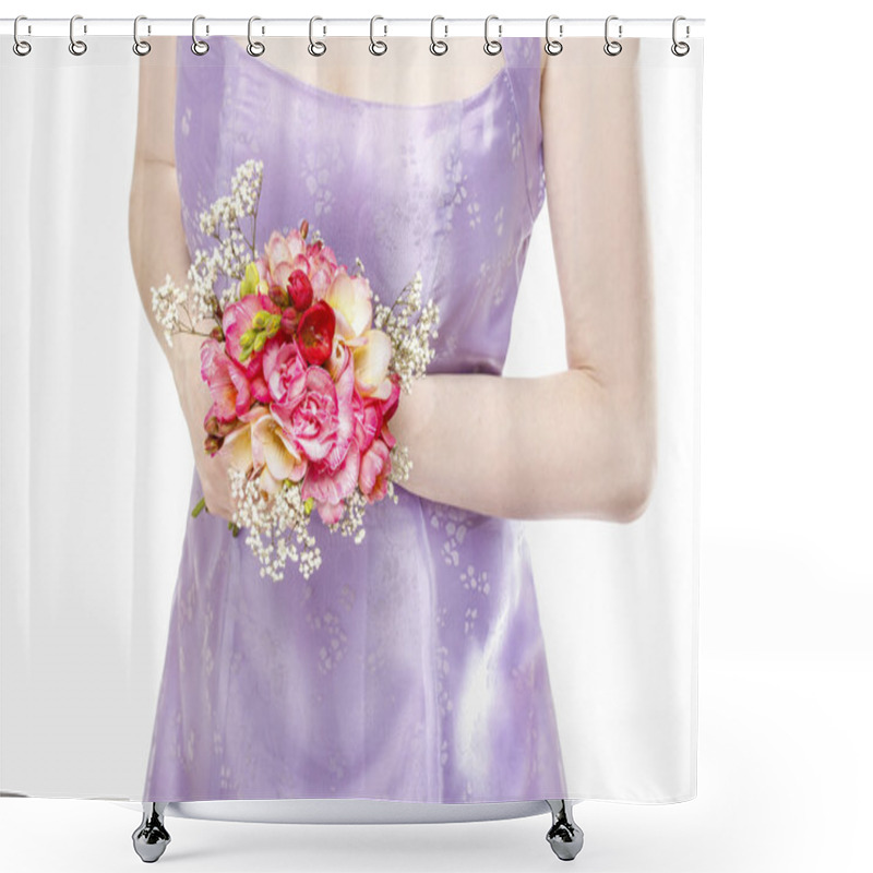 Personality  Beautiful Young Woman Holding Bouquet Of Flowers, Isolated On Wh Shower Curtains