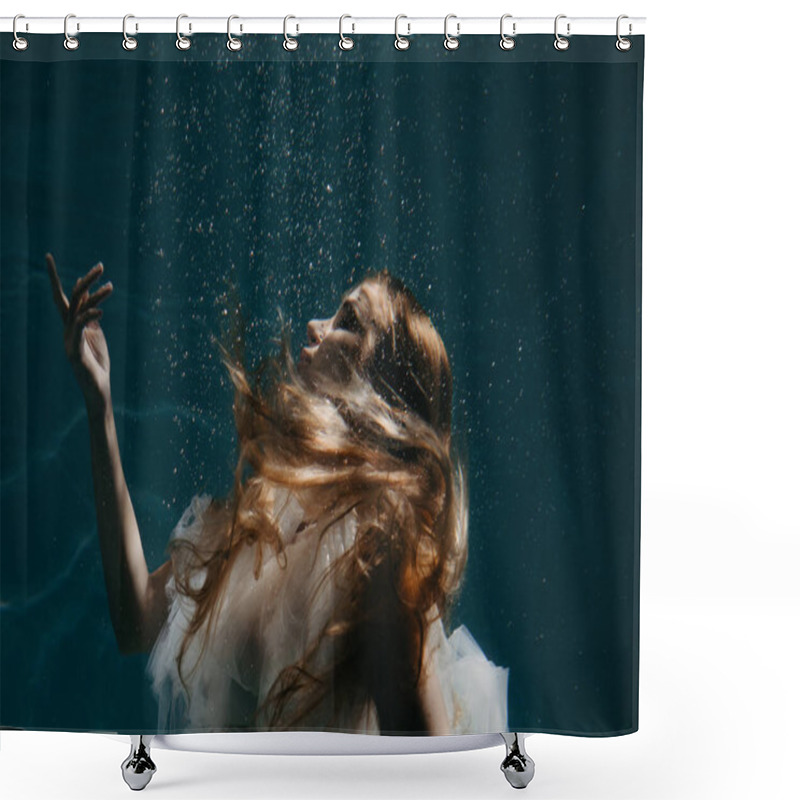 Personality  Portrait Of Beautiful Swimming And Diving Woman In Bridal Dress Underwater. Shower Curtains