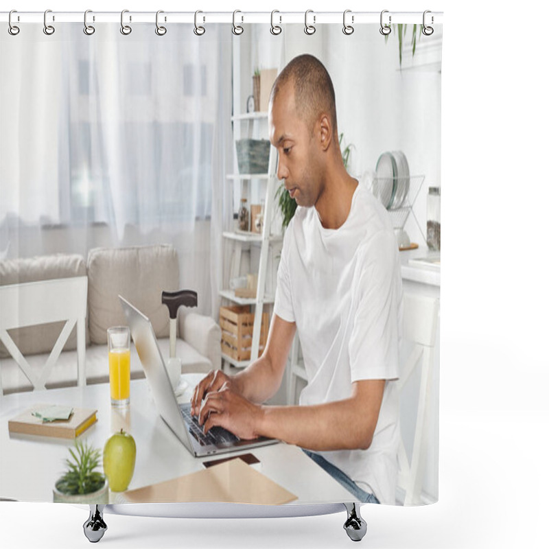 Personality  A Disabled African American Man With Myasthenia Gravis Creating, Working, And Connecting With The World Using A Laptop. Shower Curtains