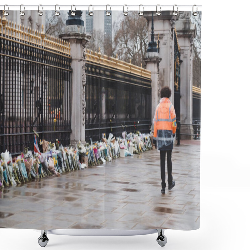 Personality  City Of Westminster, London | UK -  2021.04.10: Security Officers At The Buckingham Palace During The Tribute To Prince Philip Shower Curtains