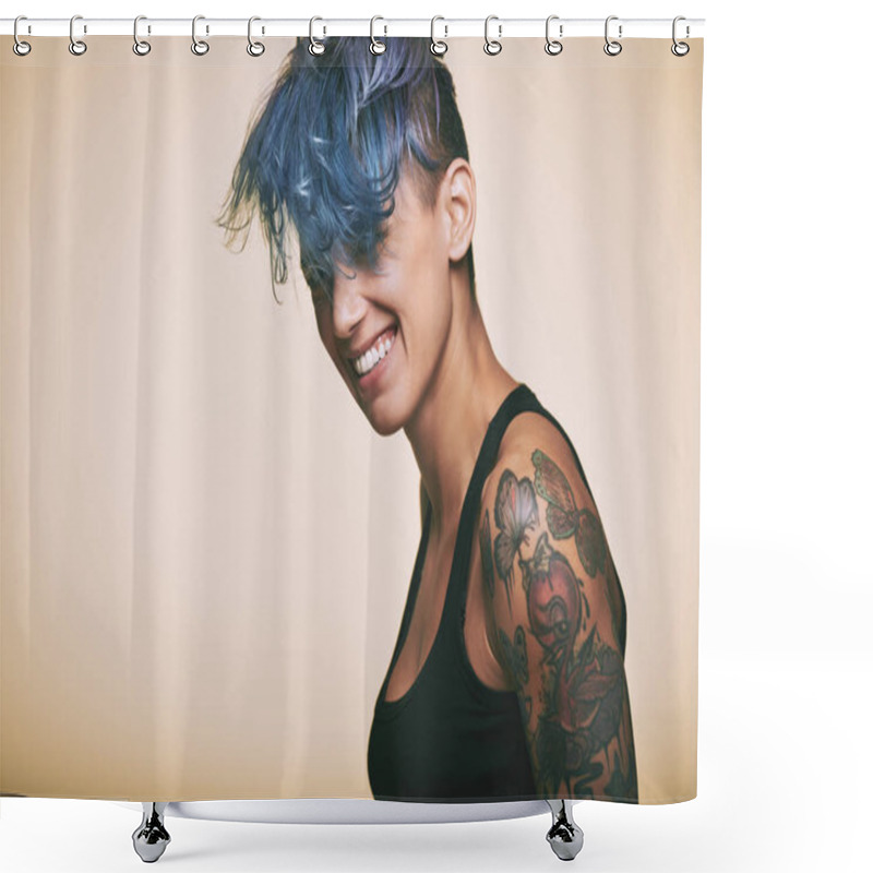 Personality  Laughing Teenage Girl With Blue Hair Shower Curtains