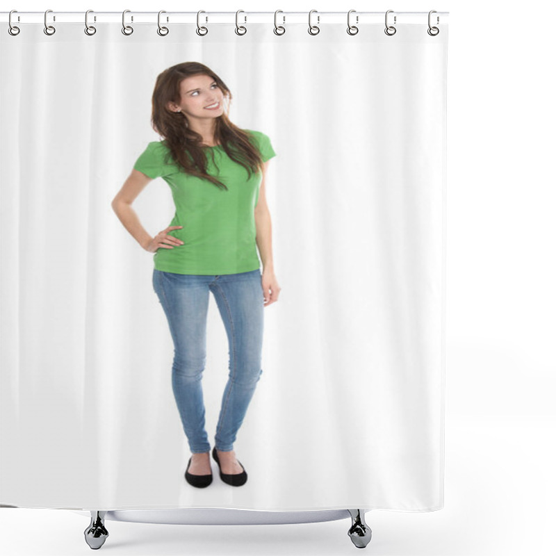 Personality  Slim Young Woman Wearing Green Shirt And Blue Jeans In Full Body Shower Curtains