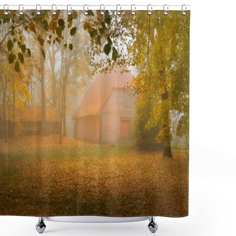 Personality  An Old Traditional Wooden Country House With A Red Tile Roof On A Cloudy Autumn Day, Close-up. A View From The Garden, Golden Leaves On The Ground. Architecture, Tourism, Recreation Theme. Germany Shower Curtains