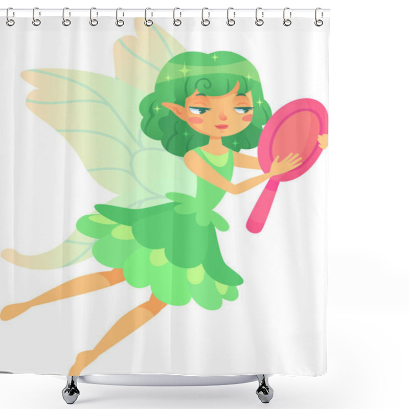 Personality  Beautiful Fairy With Green Hair And Dress Flying While Holding A Pink Mirror, Sparkling Magical Creature With Wings, Charming Mythical Character From Fantasy World Shower Curtains