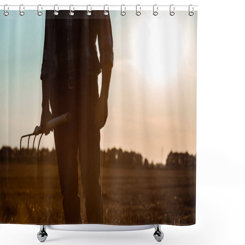 Personality  Cropped View Of Self-employed Man Holding Rake In Wheat Field  Shower Curtains