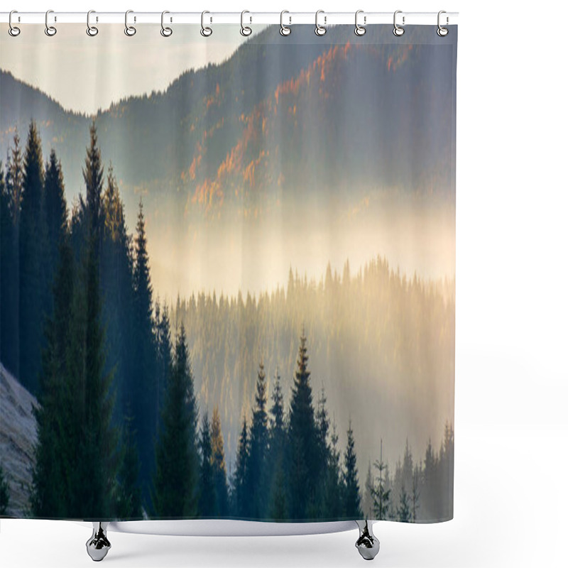 Personality  Forest Landscape In Mist. Mountain Behind The Glowing Atmosphere. Fir Trees Silhouettes On The Hills In Front Of A Sunny Autumn Scenery Shower Curtains