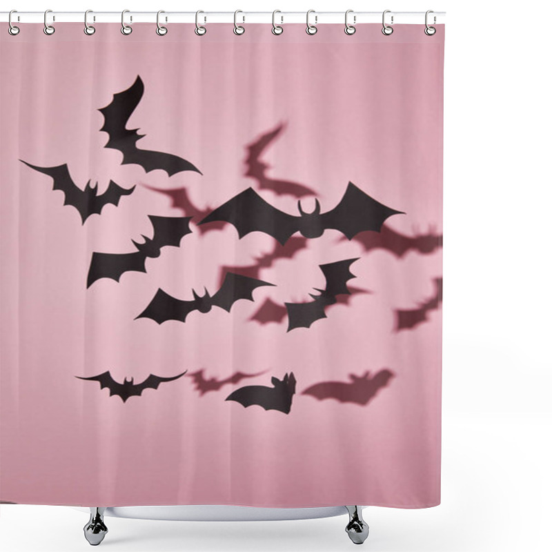 Personality  Black Paper Bats With Shadow On Pink Background, Halloween Decoration Shower Curtains