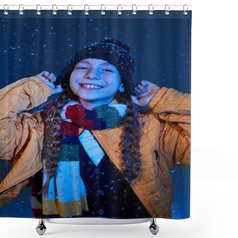 Personality  A Cheerful Girl Plays In The Snow, Wearing A Warm Jacket And A Vibrant Scarf While Smiling. Shower Curtains