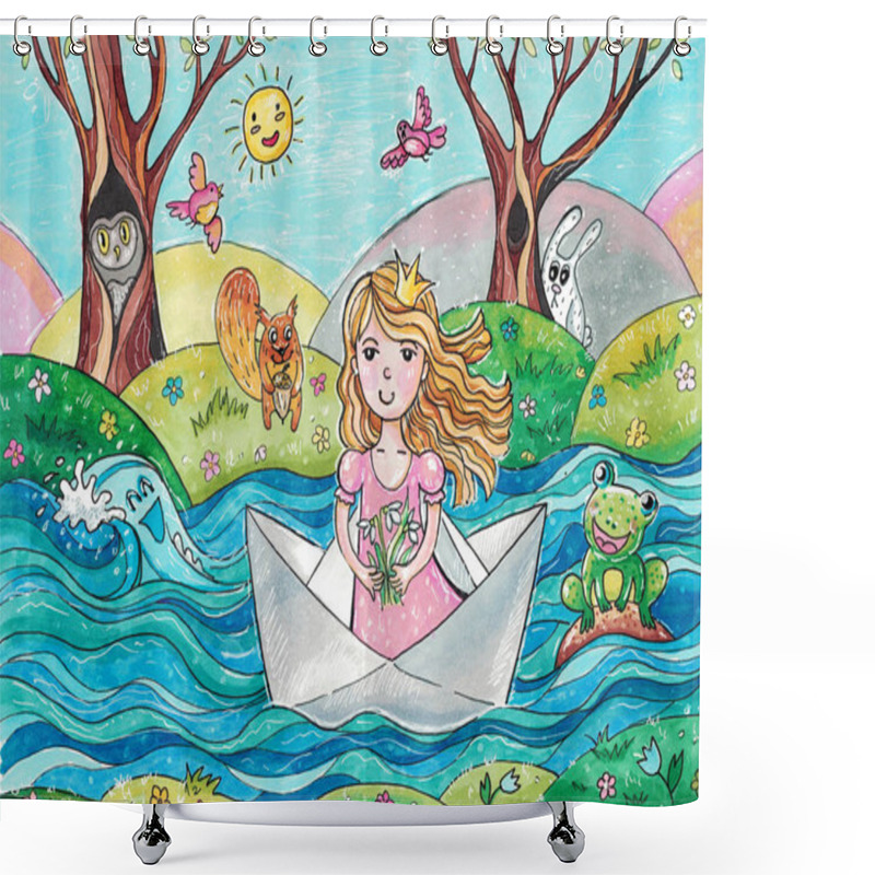 Personality  Cute Princess Is Floating On A Paper Boat Shower Curtains