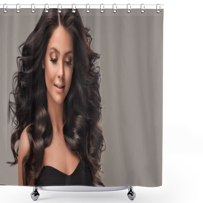 Personality  Beauty Brunette Girl With Long And Shiny Wavy Black Hair . Beautiful Woman Model With Curly Hairstyle . Shower Curtains