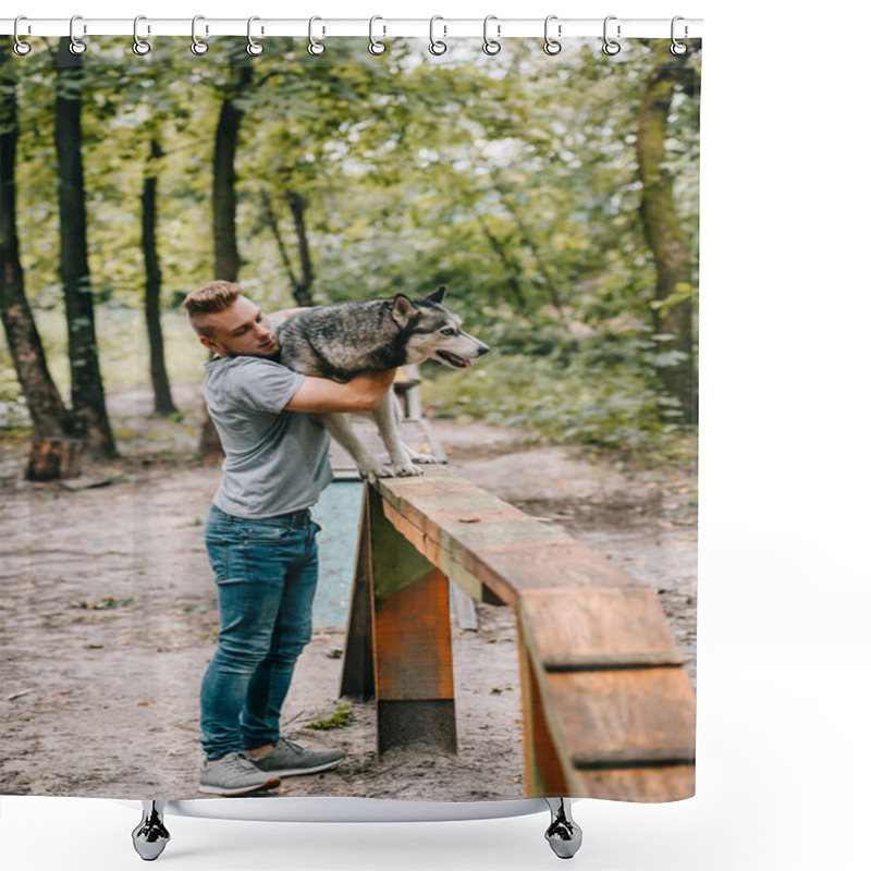 Personality  Cynologist Training With Husky On Dog Walk Obstacle Shower Curtains