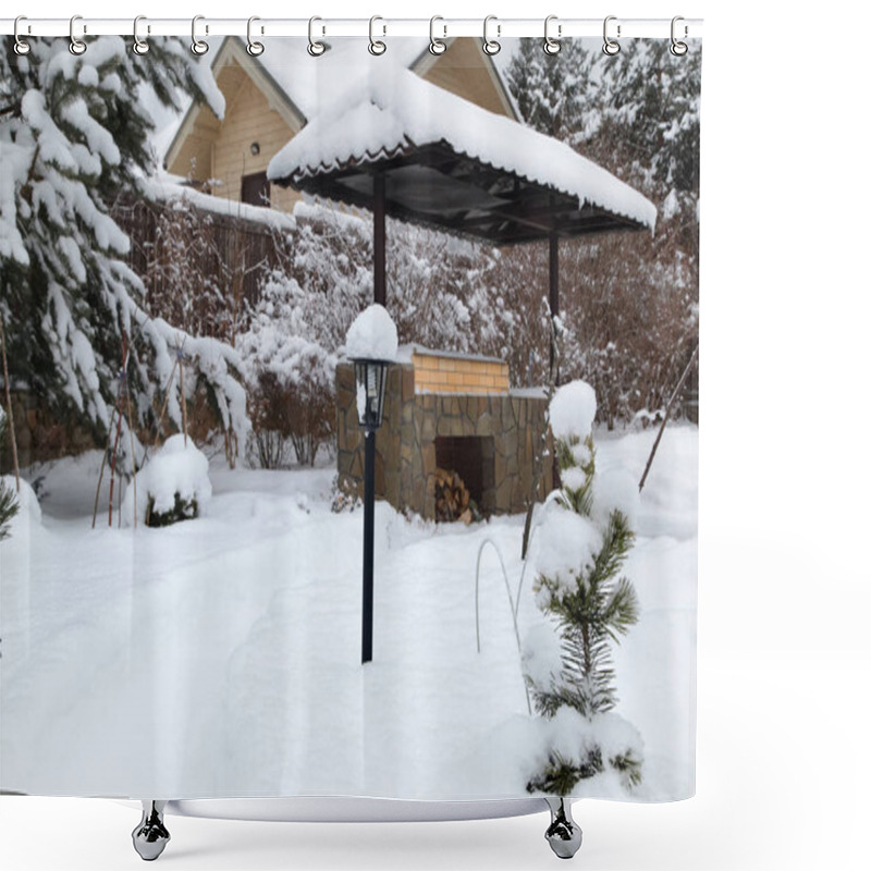 Personality  Backyard Patio.Landscape  With Barbeque Area, Snowbanks Of White Snow, Pine Trees In Country Garden. Country Life Concept. Shower Curtains