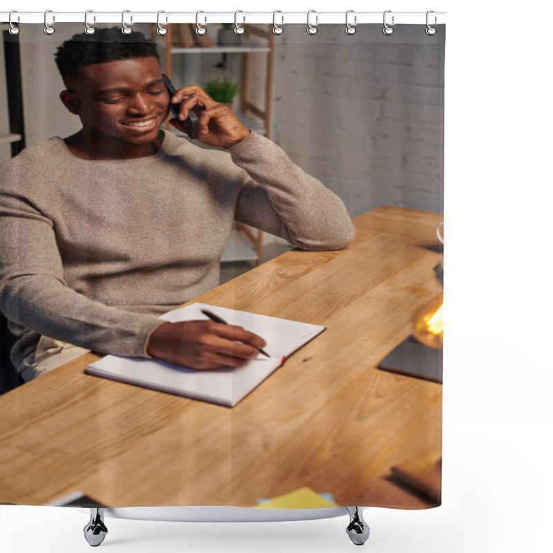 Personality  Cheerful African American Man Talking On Smartphone Near Laptop And Notebook While Working From Home Shower Curtains