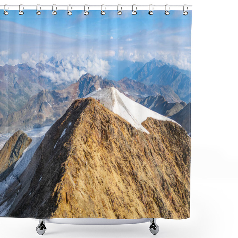 Personality  The North Summit Of Wildspitze Reveals Breathtaking Panoramic Views Of Surrounding Mountain Ranges And Glaciers, Showcasing Rugged Terrain And A Dramatic Sky Filled With Fluffy Clouds On A Clear Day. Shower Curtains