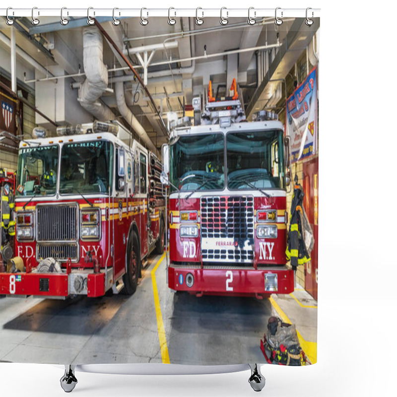 Personality  NEW YORK CITY, USA - MARCH 15, 2020: Fire Truck Parked In The Fire Station In Manhattan In New York City, USA Shower Curtains