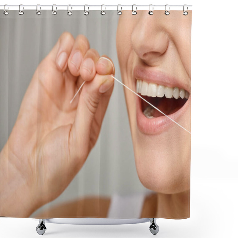 Personality  Excited Cropped Woman Holding Dental Floss And Smiling On Grey Background,  Promoting Oral Hygiene Shower Curtains