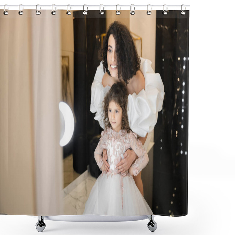 Personality  Charming Middle Eastern Bride With Brunette Hair Standing In White Wedding Gown With Puff Sleeves And Ruffles And Looking At Mirror While Hugging Daughter With Tulle Skirt In Bridal Store  Shower Curtains