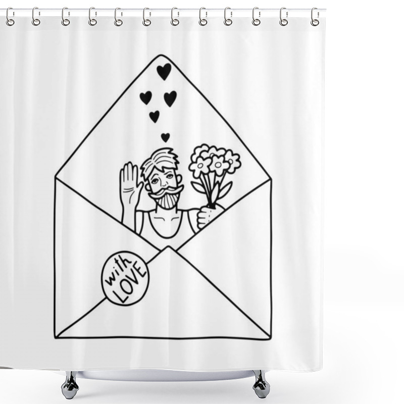 Personality  Open Envelope, In It Man With Flowers And Hearts. Black Silhouette On White Background. Love Message In The Style Of Doodles. I Love You. Element For Greeting Card, Poster, Sticker And Seasonal Design. Shower Curtains