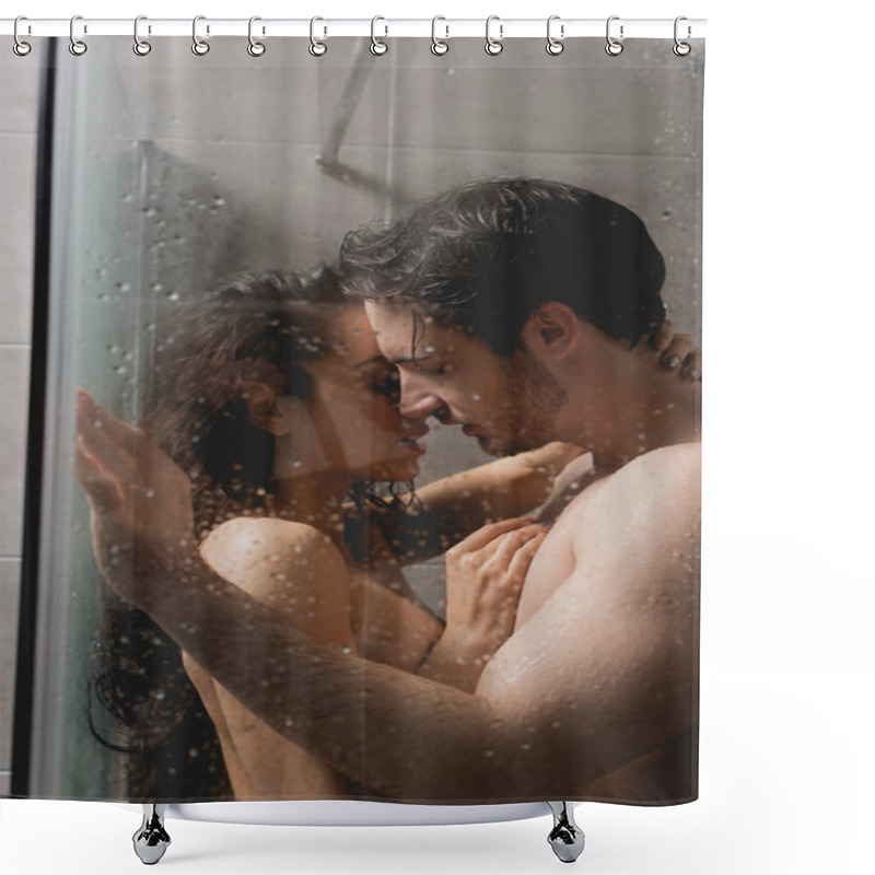 Personality  Selective Focus Of Sexy Couple Hugging In Shower Cabin  Shower Curtains