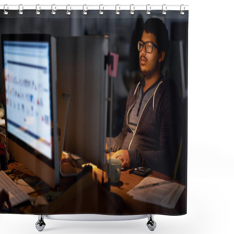 Personality  Cropped Shot Of A Young Programmer Focused On His Work. Shower Curtains