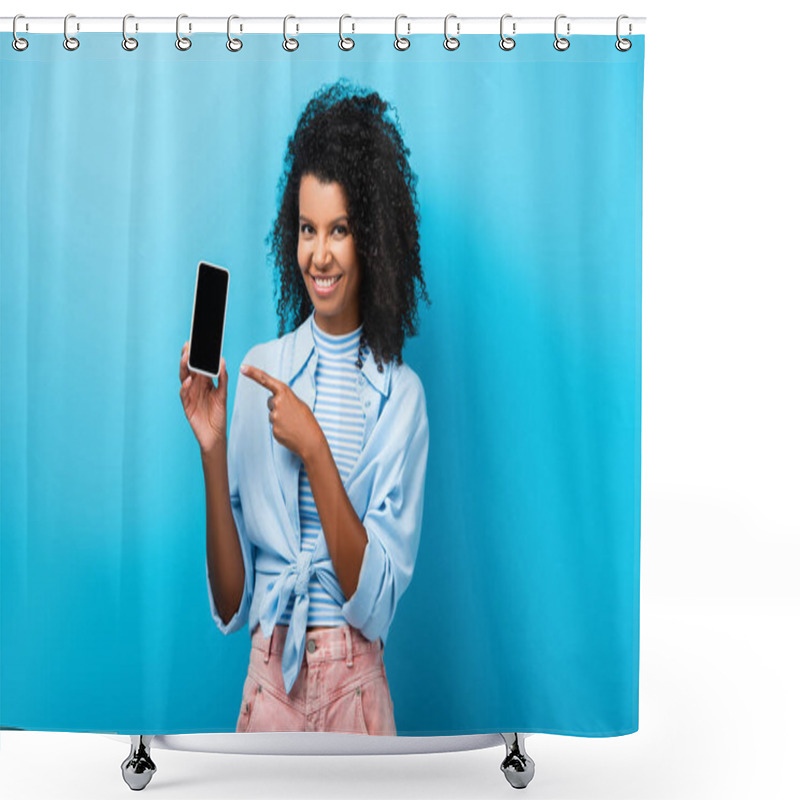 Personality  Happy African American Woman Pointing With Finger At Smartphone With Blank Screen On Blue Shower Curtains