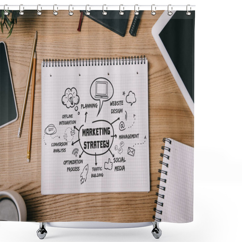 Personality  Top View Of Business Supplies, Digital Devices And Notebook With Marketing Strategy On Workplace Shower Curtains