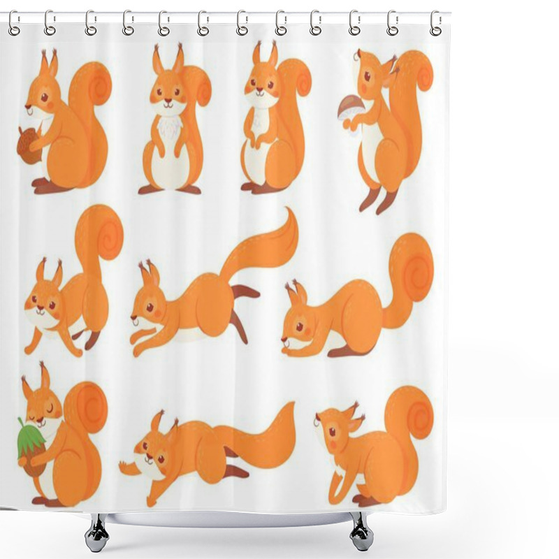 Personality  Cartoon Squirrel. Cute Squirrels With Red Furry Tail, Mammals Animals And Brown Fur Squirrel Vector Set. Adorable Forest Fauna, Funny Wildlife Stickers Collection. Playful Cub Illustrations Pack Shower Curtains