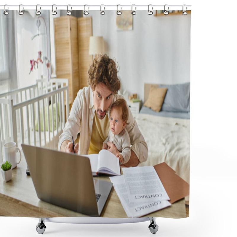 Personality  Man Holding In Arms His Infant Son While Taking Notes And Working From Home, Work-life Balance Shower Curtains