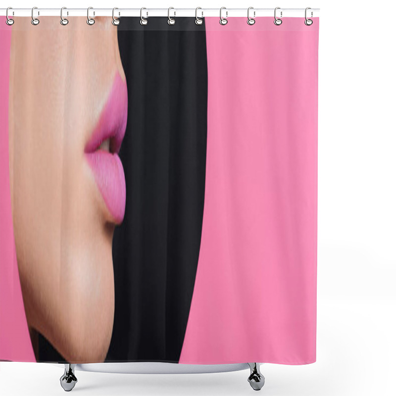 Personality  Cropped View Of Female Face With Pink Lips In Round Hole In Paper On Black Background, Panoramic Shot Shower Curtains