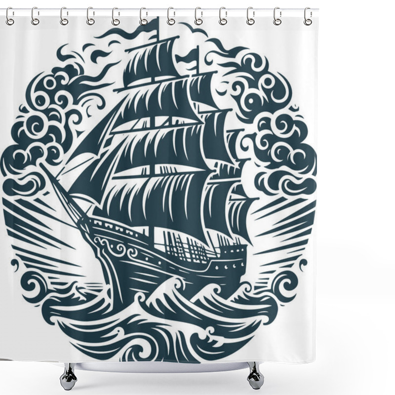 Personality  Traditional Engraved Depiction Of A Ship Battling Rough Seas Shower Curtains