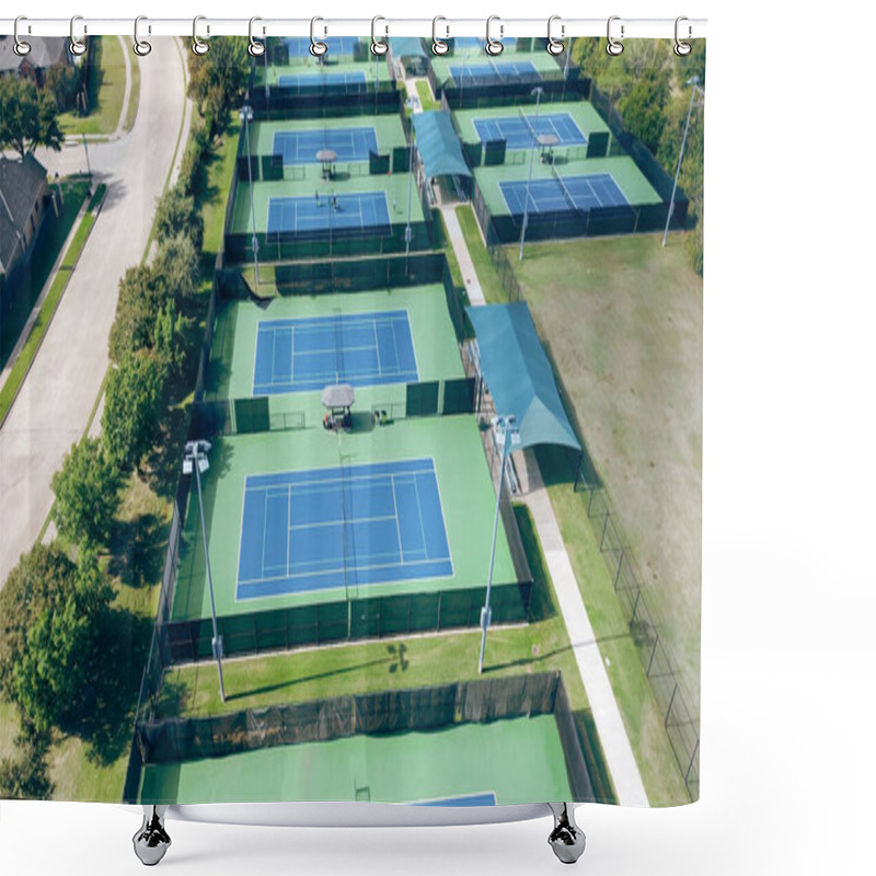 Personality  Close-up Modern Lighted Tennis Court In Sport Complex Outside Dallas Texas, Well-lit Hard Courts With Player Practicing Group Lesson, Shaded Spectator Areas And Comfortable Benches, Ball Machine. USA Shower Curtains